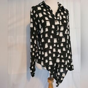 Whimsical cats in glasses shirt women's small black and white